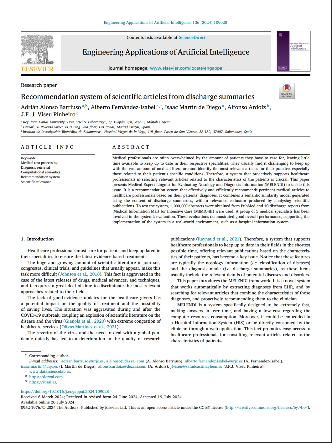 Recommendation System of Scientific Articles from Discharge Summaries.