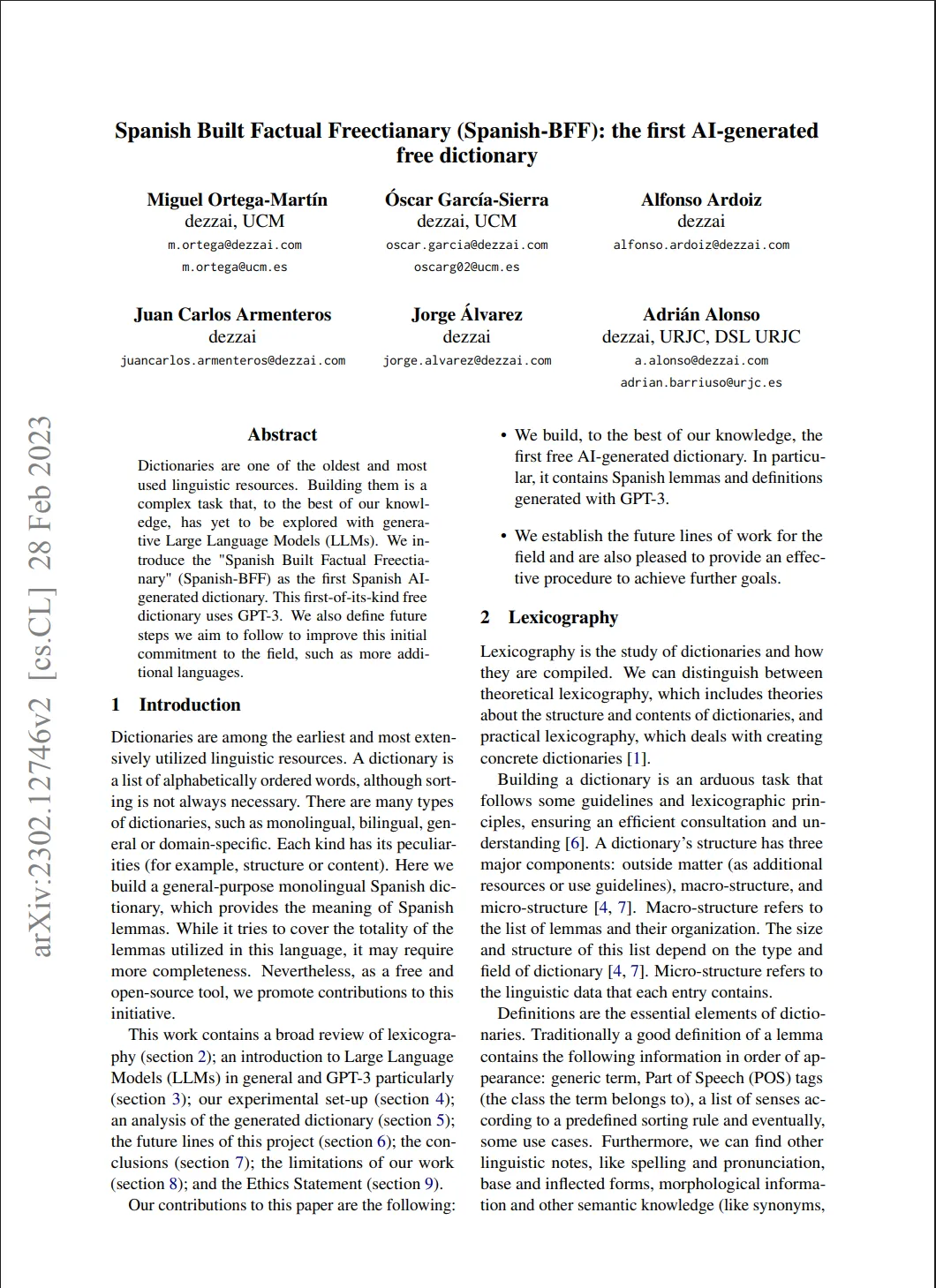 Spanish Built Factual Freectianary (Spanish-BFF): the first AI-generated free dictionary.